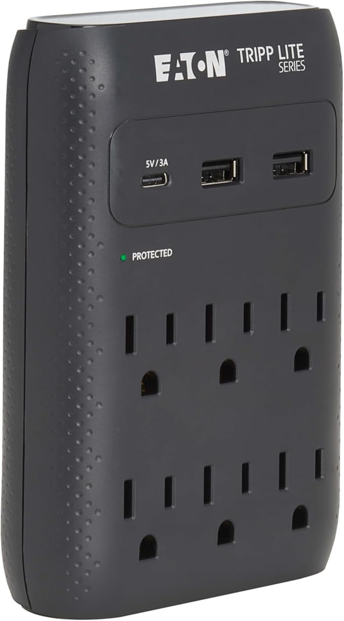Eaton Tripp Lite SK60CB Wall Surge Protector Power Strip & USB Wall Charger, 6-Outlet Extender, 1 USB-C + 2 USB Ports, 1080 Joules, Multi-Plug Outlet Splitter, Black, Lifetime Manufacturer's Warranty