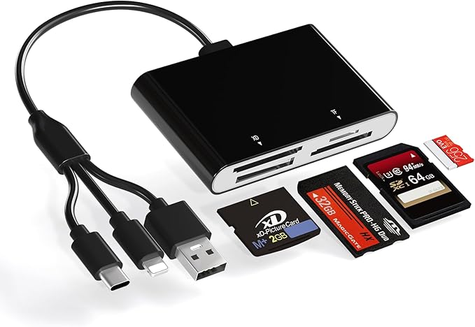 Memory Stick Pro Duo Card Reader, 4 in 1 SD/TF/MS/XD Card Reader with L-ightning+USB A+USB C, Multi Card Reader Support OTG, Fast Data Transfer, Memory Stick Reader for i-Phone/Android/PC