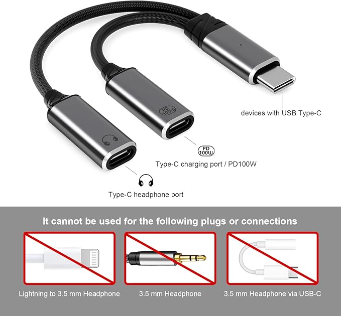 USB C Splitter，2 in 1 USB C Headphone and Charger Adapter Audio Dongle Cable with PD 100W for iPhone 16 15 Pro Max, Pixel 9 8 7, Galaxy S24 S23 S22, iPad Pro