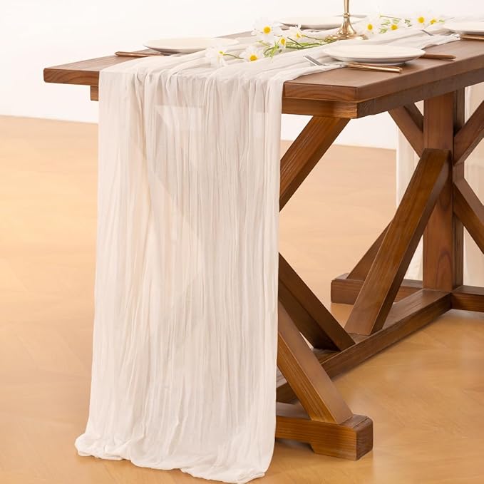 Socomi 6pcs Ivory White Cheesecloth Table Runner Fall Thanksgiving Boho Rustic Gauze 120 inch 10FT Cheese Cloth Runner for Wedding Party Baby Shower Birthday Home Decor Holiday Decorations