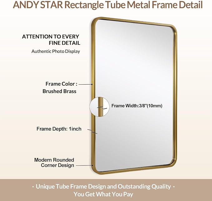 ANDY STAR 40x36 Inch Gold Bathroom Mirror, Brushed Gold Mirrors for Wall in Anti-Rust SUS304 Tube Metal Frame, Rounded Rectangle Mirrors 1’’ Deep Wall Mounted Vertically/Horizontal for Bathroom