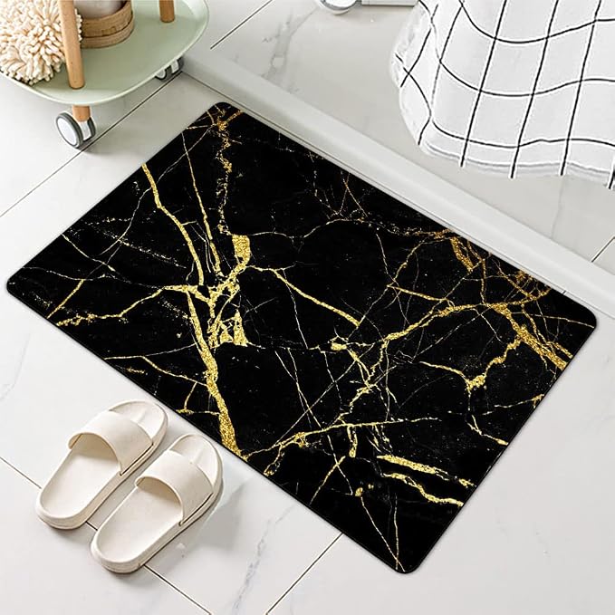 Diatomaceous Earth Bath Mat,Black Gold Marble Non-Slip Volume Super Absorbent Fast Drying for Bathroom Kitchen Door mat,Eco-Friendly Easy to Clean 17×27.5Inch (43 * 70cm)