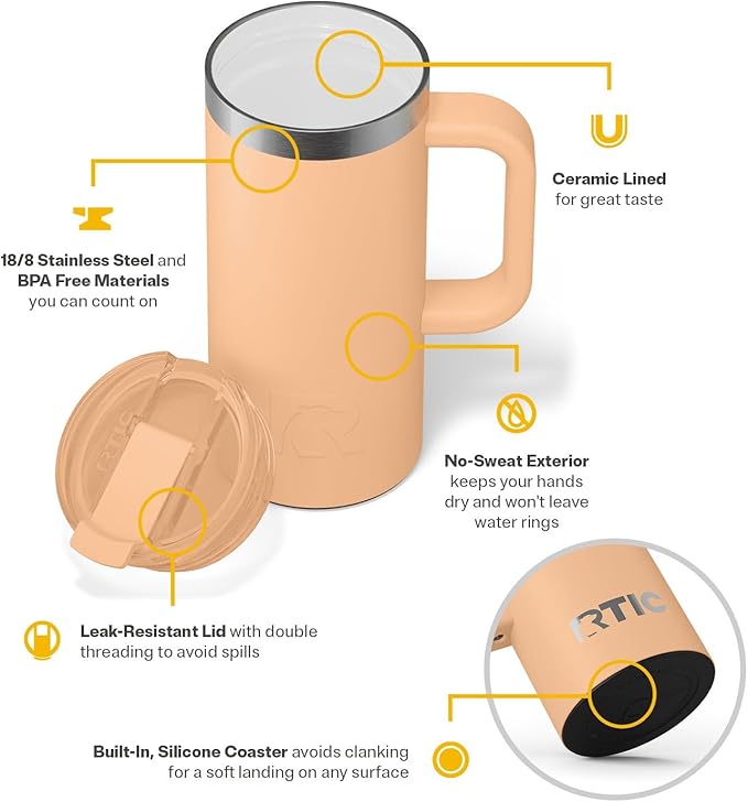 RTIC 16oz Road Trip Travel Mug with Lid and Handle, Ceramic Lined, Insulated, Stainless Steel, Metal, Double Wall Vacuum-Insulation, Portable Coffee, Tea Cup for Hot and Cold Drink, Peach Tea