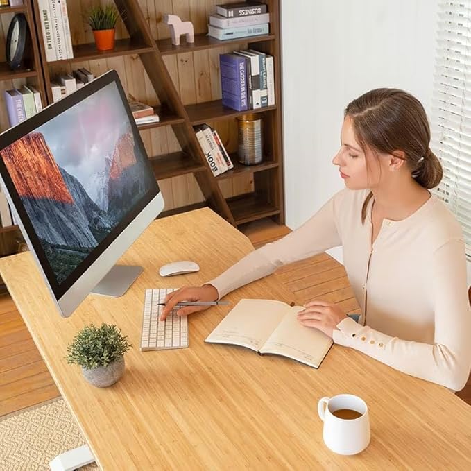 FLEXISPOT EN1 Bamboo Standing Desk, 60 x 30 Inches One-Piece Electric Adjustable Height Sit Stand Desk for Home Office (White Frame + Bamboo Curved Desktop, 2 Packages)