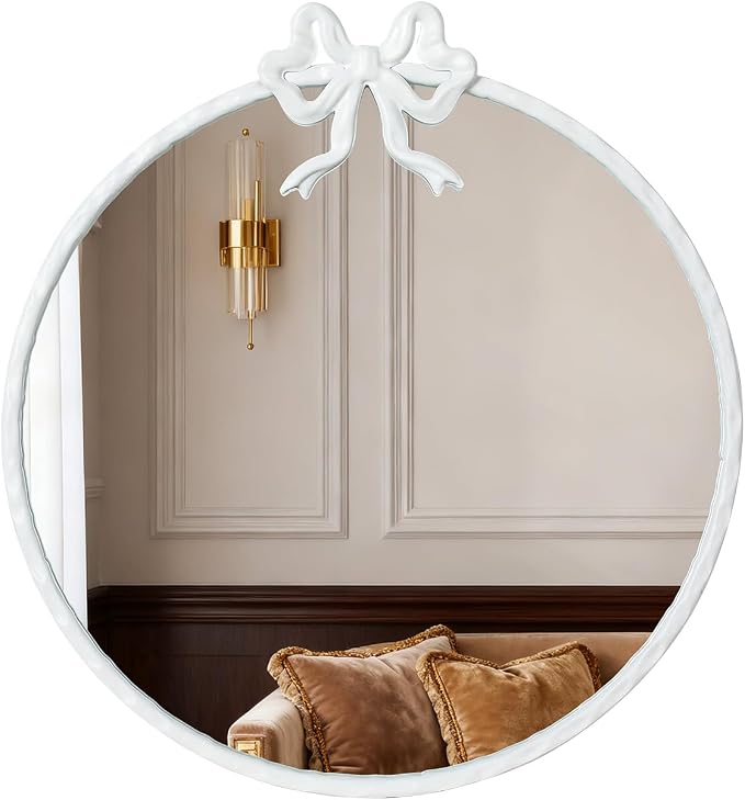 16 Inch Vintage White Round Wall Mirror, Antique Ornate Metal Circle Mirror with Baroque Bow Decor for Bathroom Vanity, Bedroom, Living Room, Hallway (White, 16" Lx16 W)