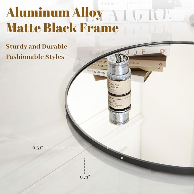 VooBang Black Round Bathroom Mirror, 24 inch Circle Wall Mounted Hanging Mirror with Simple Modern Circular Metal Frame for Hallway, Entryway, Living Room, Black Frame