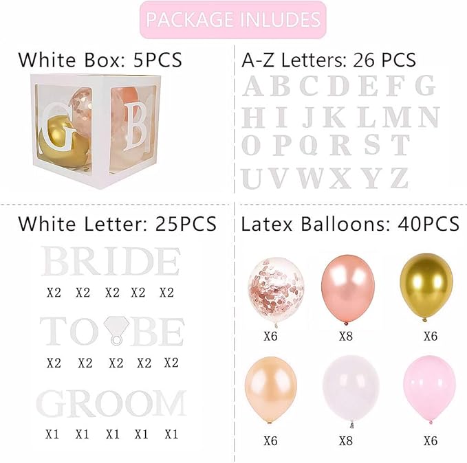 96 PC Bridal Shower Decorations Balloon Boxes White- Transparent Block with BRIDE TO BE + GROOM + A - Z Letters and 40 Balloons- Engagement Bachelorette Parties Weddings Centerpieces Photo Booth Props