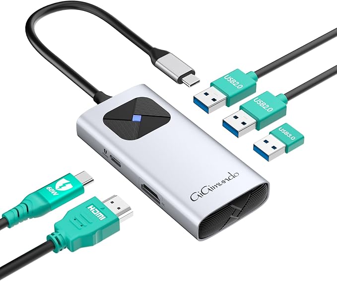 GiGimundo USB C Hub 5 in 1 Multiport Adapter for Laptop/Mac, 4K@60Hz USB C to HDMI Splitter, 60W Power Delivery, 3xUSB Data Ports, USB C Dongle for MacBook Pro/Air, iPad Pro, iMac, iPhone 17/16/15