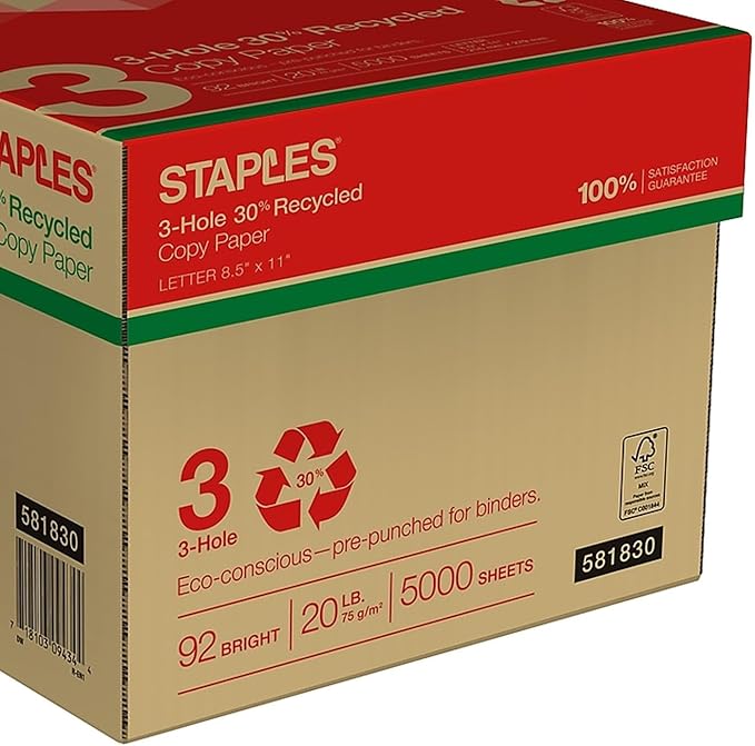 Staples Recycled 8.5 x 11-Inch, 3-Hole Punched Copy Paper 20 lb 92B 500/RM 10 RM/CT