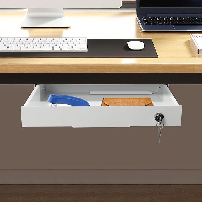 14.17" Under Desk Storage Drawer, Locking Design White Sliding Pull-Out Drawer for Sit Stand Workstation