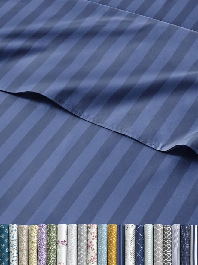 Striped Sheets - Blue Striped Sheets - 1 Flat & 1 Fitted & 2 Pillowcases w/ Deep Pockets – Comfy, Wrinkle & Fade Free - Ultra-Soft, Breathable & Cooling – Luxury Pinstripe Bedding - King Size Bed Set