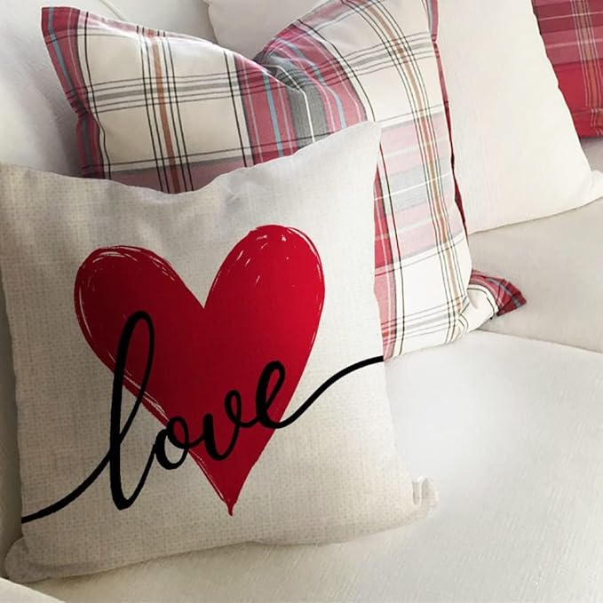 GEEORY Valentines Day Pillow Covers 16x16 Set of 4 Love Heart Valentines Day Throw Pillows Decorative Cushion Cases Valentine Decorations