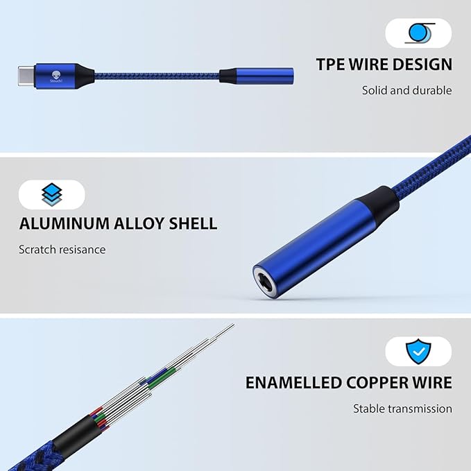 Stouchi USB C to 3.5mm Dongle Adapter, Type C Headphone Audio Jack Cable Cord Hi-Fi DAC Chip for iPhone 17/16 /15, Pixel 9/8 /7/6, iPad, Samsung Galaxy S25 S24 S23 Ultra (1, Blue, 0.38ft*1)