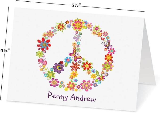 Current Peace Sign Personalized Note Cards - 24 Cards with White Envelopes, 4¼ x 5½ Inch Size, Blank Stationery, Add Names or Text, For Thank You Notes, Invitations, & Announcements