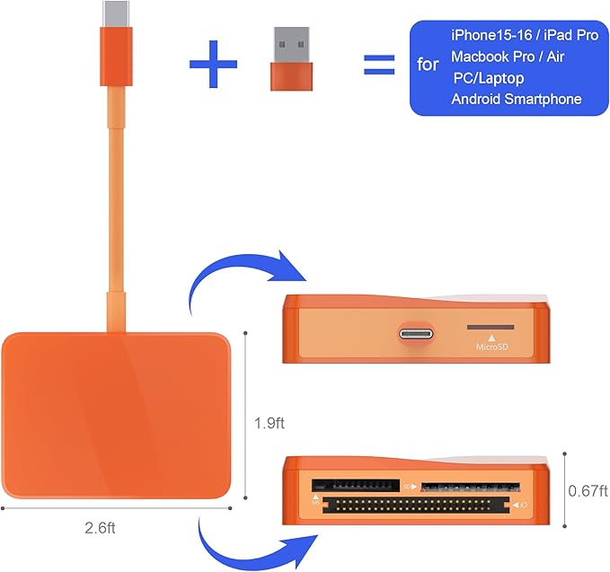SD Card Reader, 4 in 1 USB C to SD/TF/CF/MS Card Reader with USB to USB C Adapter Memroy Card Reader for iPhone 17/16/15 Pro Max iPad Pro MacBook Pro/Air iMac M4/M3 Android Phone/Tablet PC (Orange)