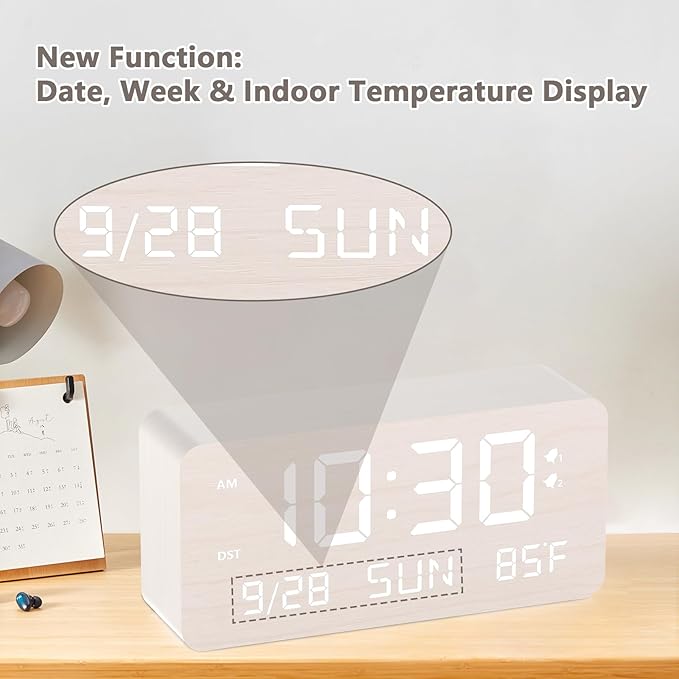 Fomobest Wooden Digital Alarm Clock for Bedroom - Desk Clock with Date, Day of Week, Temperature, Dual Alarms, Dimmer, USB Port Charge, DST, Adjustable Volume for Living Room/Office Wood Decor (White)