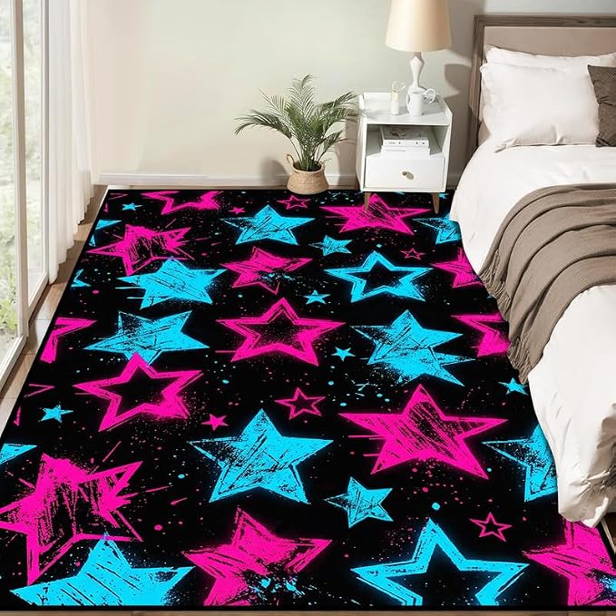 3'x5' Neon Star Area Rug Black Pink and Blue Floor Mat Abstract Star Print Rugs Washable Non-Slip Carpet for Entryway Bedroom Living Room Nursery Kitchen Playroom Home Decor