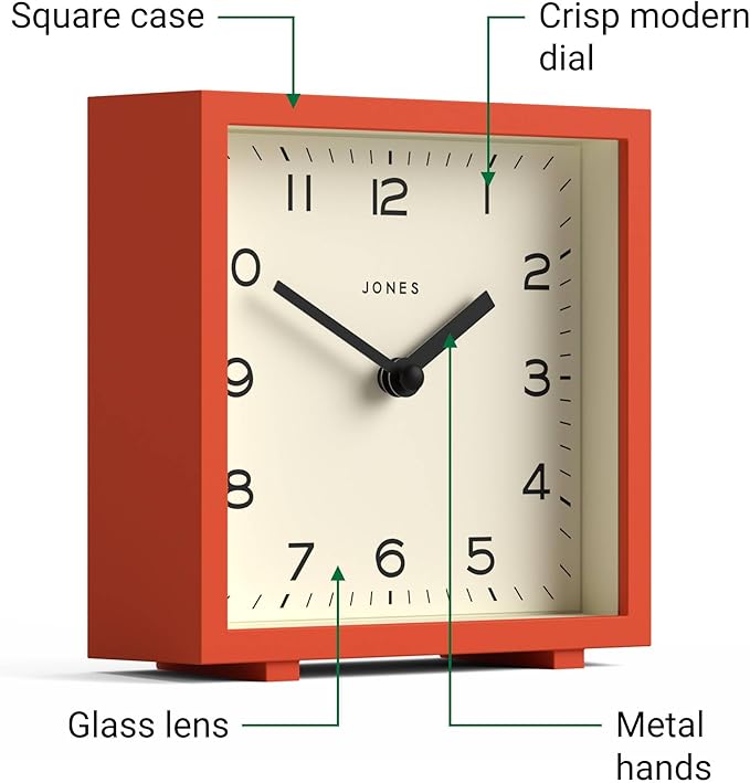 JONES CLOCKS® Disco Desk Clock | Sleek Square Design | Orange | Stylish and Easy to Read for Shelf, Table, Mantel or Bedside
