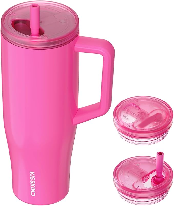 KISSKIND 40 oz Lumispin Tumbler with Handle and Hidden Straw, 100% Leak Proof Water Cup with Handle, Insulated Water Bottle for Travel, Mom, Nurse, Teacher, Student, Neon Pink