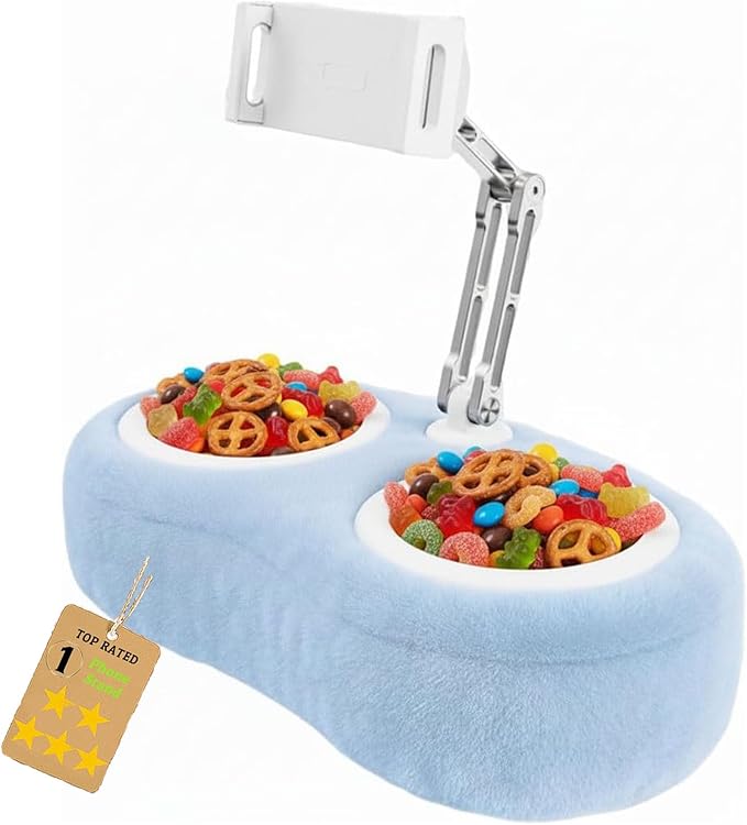 Fuzzy Pillow Phone Holder with Snack Bowl, Adjustable 360° Rotating Magnetic Stand for Phone/Tablet/Kindle iPad, Soft Plush Fabric, Detachable Snack Bowl for Reading for Bed (Double-Blue)
