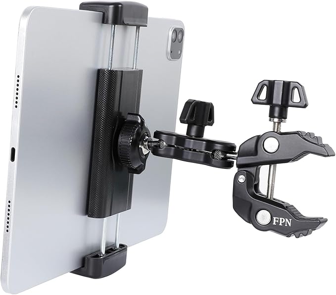 FPN Tablet Holder for Microphone Stand/Treadmill/Spin Bike/Stroller/Golf Cart/Handlebar/Stationary Bike, Phone iPad Holder Mount for iPad Pro 12.9, Galaxy Tabs, iPhone(4.7-13”)