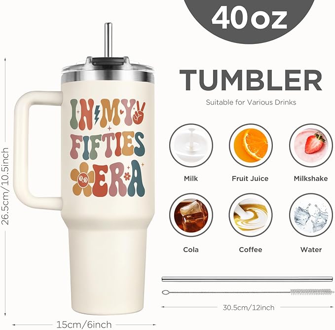 Shqiueos 50th Birthday Gifts for Her 40oz Tumbler with Handle and Straw Lid, 50 Year Old Gifts for Women, Mom, Wife, Sister, Friend, 50s Birthday Decoration-In My Fifties Era Cup Water Bottle