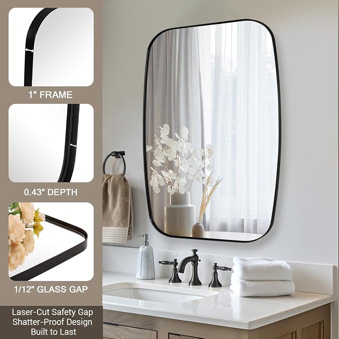 ANDY STAR 24x30 Black Bathroom Mirror, Oblong Vanity Mirror with Stainless Steel Metal Frame, Matte Black Mirror for Over Sink, Modern Anti Rust Wall Mounted