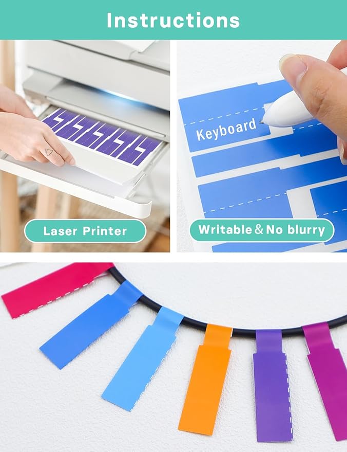 750 PCS Cable Labels, 12 Colors Waterproof Cable Tags Wire Labels for Cable Management, Self Adhesive Wire Label Printable for Laser Printer and Handwriting