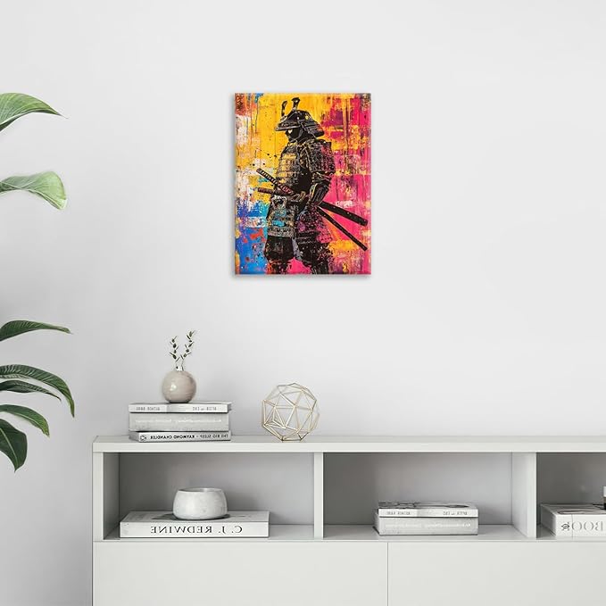 Japanese Wall Art, Graffiti Samurai Pictures Wall Decor, Banksy Samurai Canvas Prints, Japan Painting, Framed Artwork for Bathroom Living Room Bedroom Office Dining Room 24"X16"