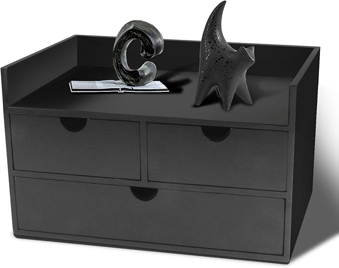 Charmewooden Desk Organizer with Drawers Countertop Drawer Organizer Drawers for Desk Top Home Office Workspace Bathroom Toiletries Supplies (black with shelf)