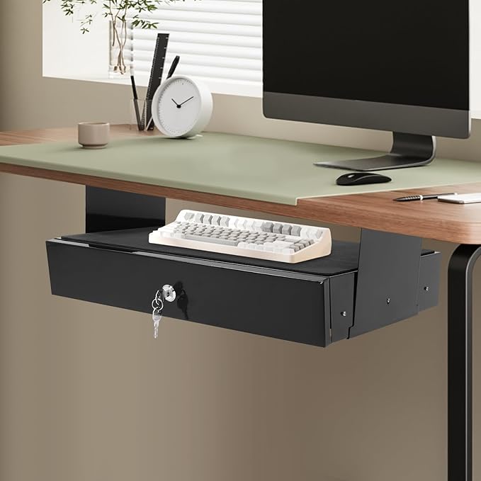 LEYSRIS 19.78" Under Desk Storage Drawer, Locking Design Black Sliding Pull-Out Drawer for Sit Stand Workstation