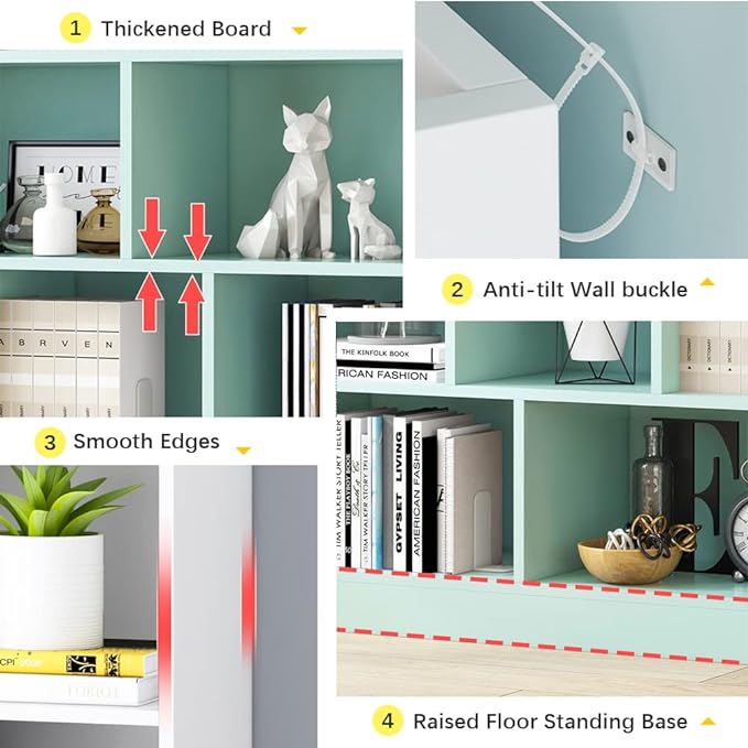 IOTXY Open Shelf Low Bookcase - Wooden 3-Tier Floor Standing Display Cabinet Organizer with Base, 10 Cubes Short Horizontal Bookshelf in Warm White