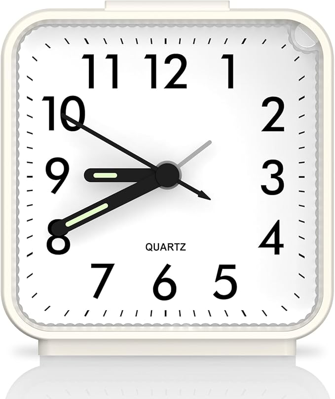 OQIMAX Analog Alarm Clocks, Non Ticking Table Clock with Luminous Hand & Large Display, Battery Powered Silent Bedside Alarm Clock with Night Light Function & Snooze, for Bedroom, Office (White)