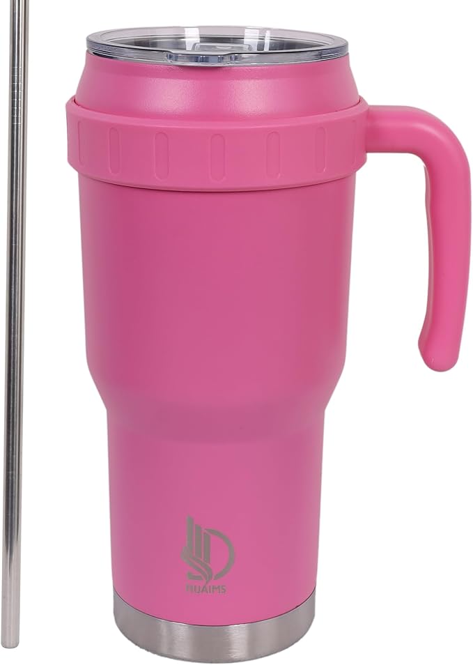 40 Oz Tumbler with Handle & Straw Lid, Insulated Stainless Steel Vacuum Flask, Double Wall Thermal Car Cup for Hot & Cold Drinks, Leak Proof, BPA Free (Rose Pink)