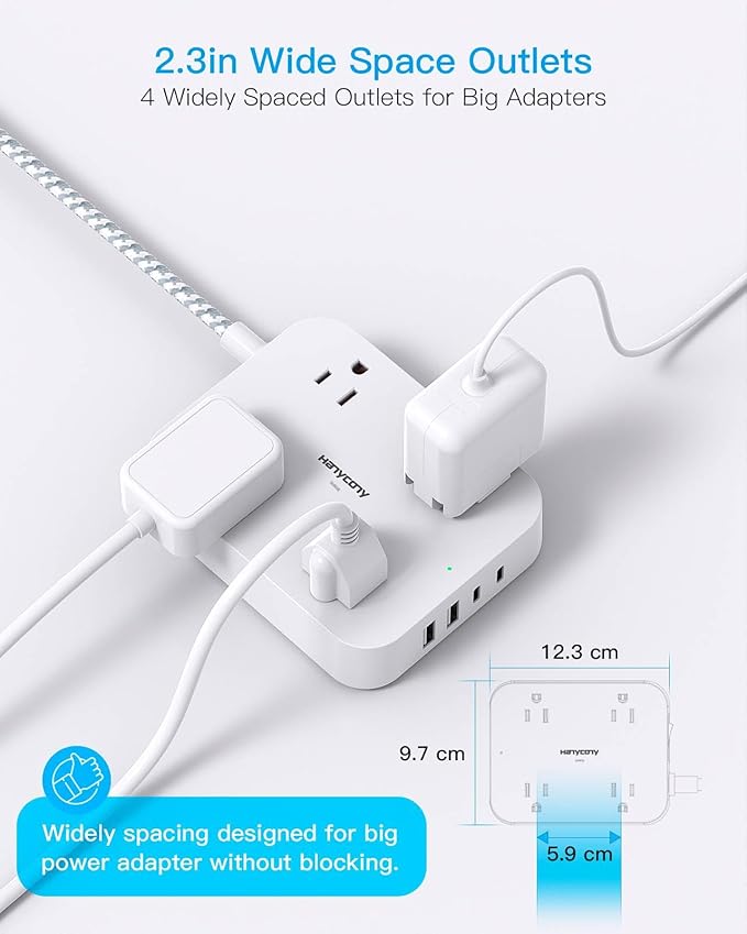 Surge Protector Power Strip 10 Ft Cord, HANYCONY Extension Cord with 4 USB Ports(2 USB C), Desk Power Strip with Long Cord, Flat Plug, Wall Mount for Office Home College Dorm Room Essentials