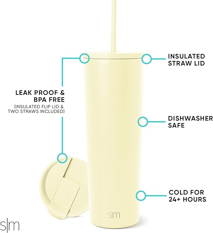 Simple Modern Insulated Tumbler with Lid and Straw | Iced Coffee Cup Reusable Stainless Steel Water Bottle Travel Mug | Gifts for Women Men Her Him | Classic Collection | 28oz | Buttercup