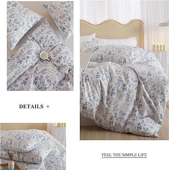 LifeTB Boho Floral Duvet Cover King Soft Cotton Blue Floral Bedding Sets Vintage Style Chic Flower Botanical Comforter Cover Aesthetic Floral Bedding Sets Cotton King Duvet Cover with Zipper Closure