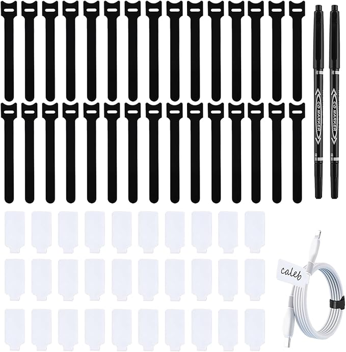 60 Pieces Reusable Cable Labels and Hook & Loop Ties Organizer Kit - 30 Tags & 30 Fasteners for Cord Management, Includes Markers for Home, Office Electronics