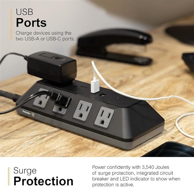 GE UltraPro 10 Grounded Outlet Surge Protector with USB Ports, 1 USB-C Port (15W), 2 USB-A Ports (12W), 4ft Braided Cord Surge Protector Power Strip, 3540 Joules, Black, 74763