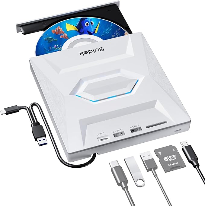 External CD DVD Drive, Ultra Slim Portable CD Player for Laptop CD DVD +/-RW Burner with SD Card Reader USB 3.0 Type C Hub Compatible with Laptop PC Windows Linux