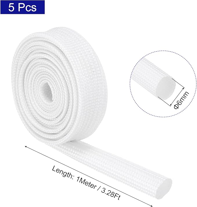 MECCANIXITY 5Pcs Wire Insulation Braid Fire Sleeve,3.28Ft-6mm ID White, High Temp Silicone Coated Fiberglass Sleeving for Automotive Hose Lines Electrical Wiring