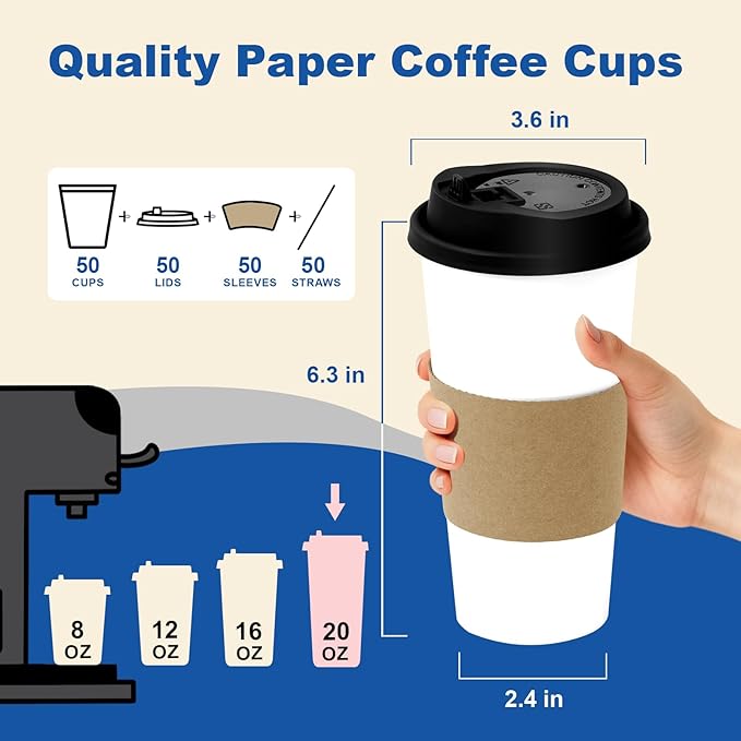 Coolcap 20 oz 50 Pack Coffee Cups with Lids and Sleeves, Straws, Hot Disposable To Go Travel Paper Cups Bulk for Office, Home Coffee Bar Accessories, Chocolate, Cocoa, Beverage (White)