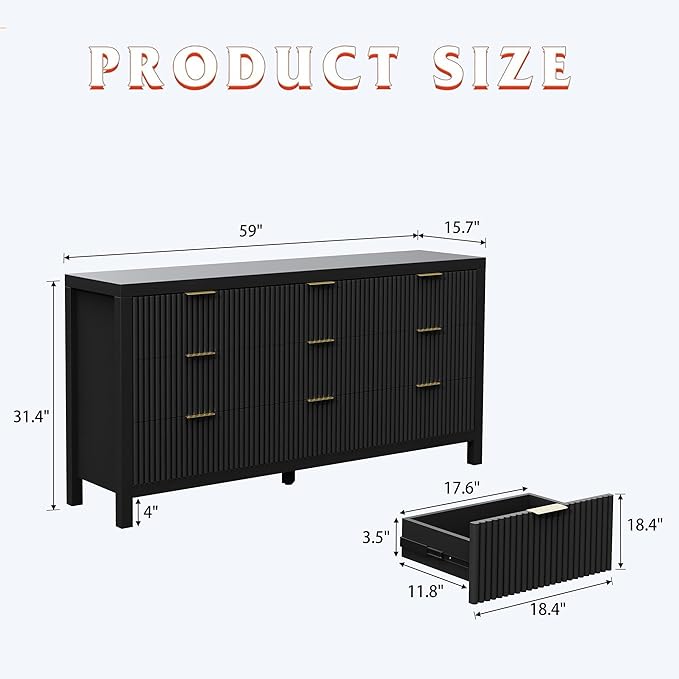 NRITOBY Dresser for Bedroom with 9 Drawers, Wide Bedroom Dresser with Drawer Organizers with Spacious Storage for Dining Room, Entryway, Black