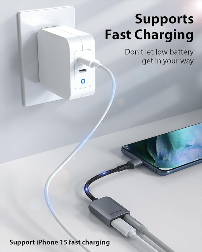 Stouchi 2-in-1 USB C to 3.5mm Headphone Charge Adapter AUX Mic Jack with PD Fast Charging High Resolution DAC for Earphones iPhone 17 16 15, Galaxy S25 /24/S24+/S23/S22/S21, iPad Pro, Pixel 9/8/7