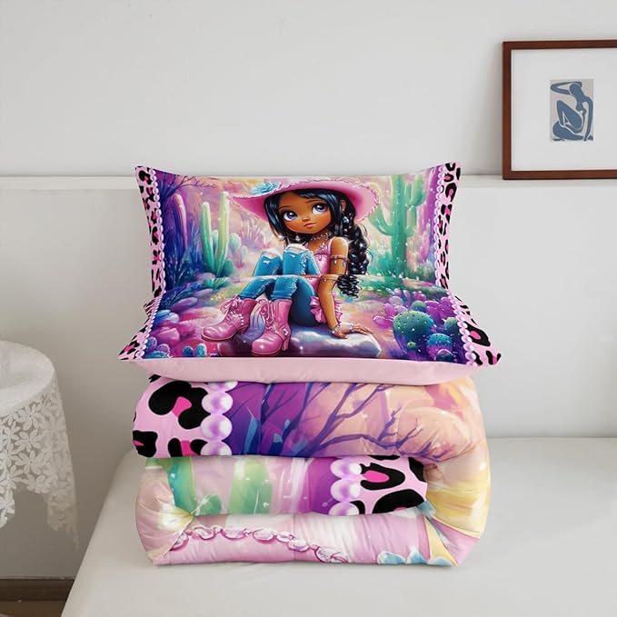 Western Cowgirl Comforter Set Twin Size,Reversible Cute Girl Cactus American Style Bedding Set for Kids Boys Men,African Pink Leopard Print Plaid Black Quilted Duvet Set with 1 Pillowcase