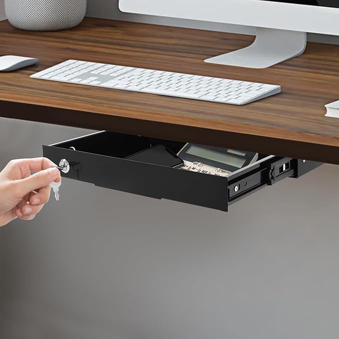 14.17" Under Desk Storage Drawer, Locking Design Black Sliding Pull-Out Drawer for Sit Stand Workstation
