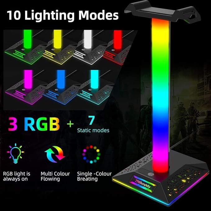 ZNikoyidy RGB Gaming Headset Stand Headphone Stand with 2 USB Ports 10 Color Mode, PC Gaming Desktop Earphone Accessories Gift for Boys Men Gamers