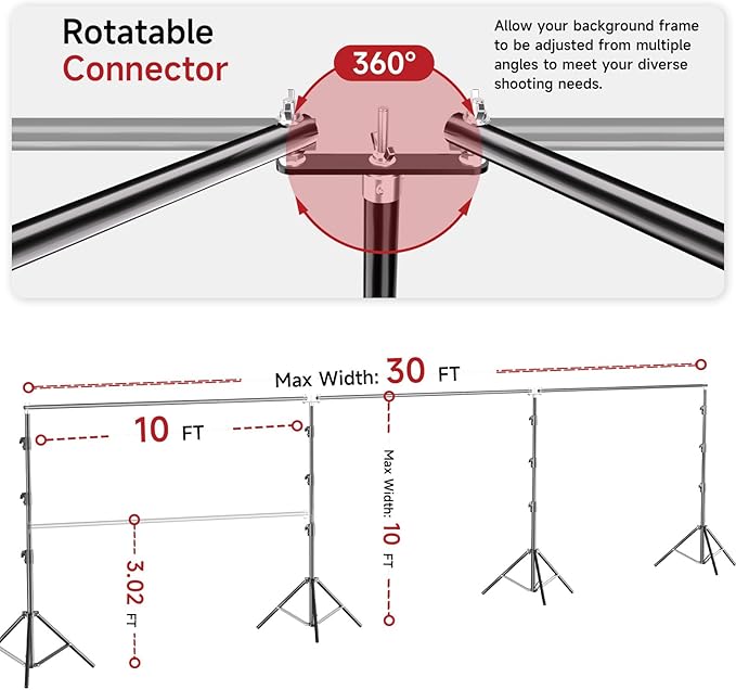 BEIYANG 10x30FT Photo Backdrop Stand, Angle Adjustable Triple Crossbar Extender Mount, Photography Background Support System, with Sand Bags,12 PCS Clamps for Wedding Party Celebration