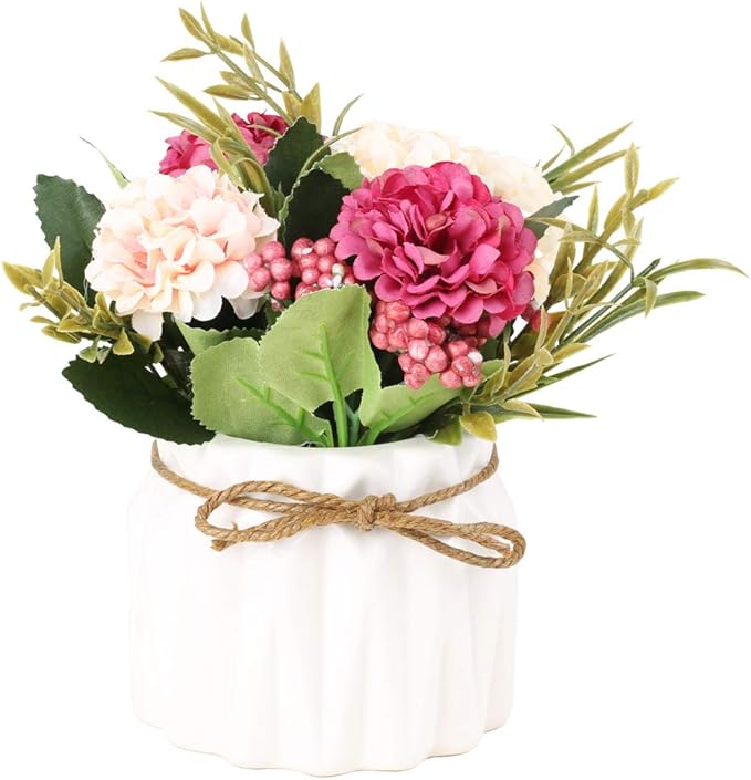 Artificial Hydrangea Bouquet with Small Ceramic Vase Fake Silk Variety Flower Balls Flowers Decoration for Table Home Party Office Wedding (Pink)