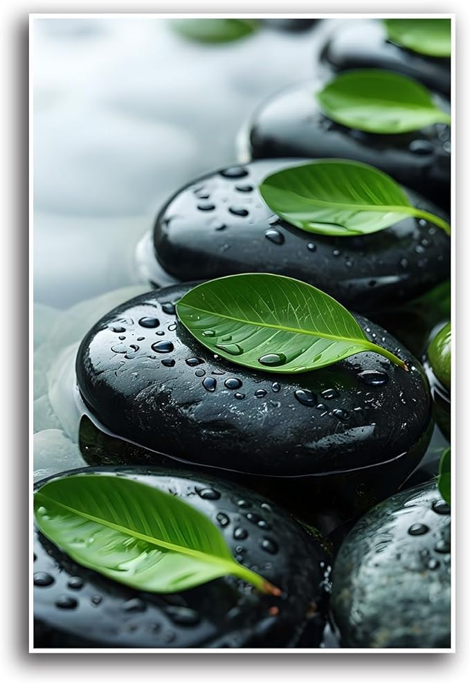 Glittering black stone cluster with fresh green leaves and water drops poster tranquil mist rain wall art zen wall art suitable for modern minimalist home decor 20x30in Frameless